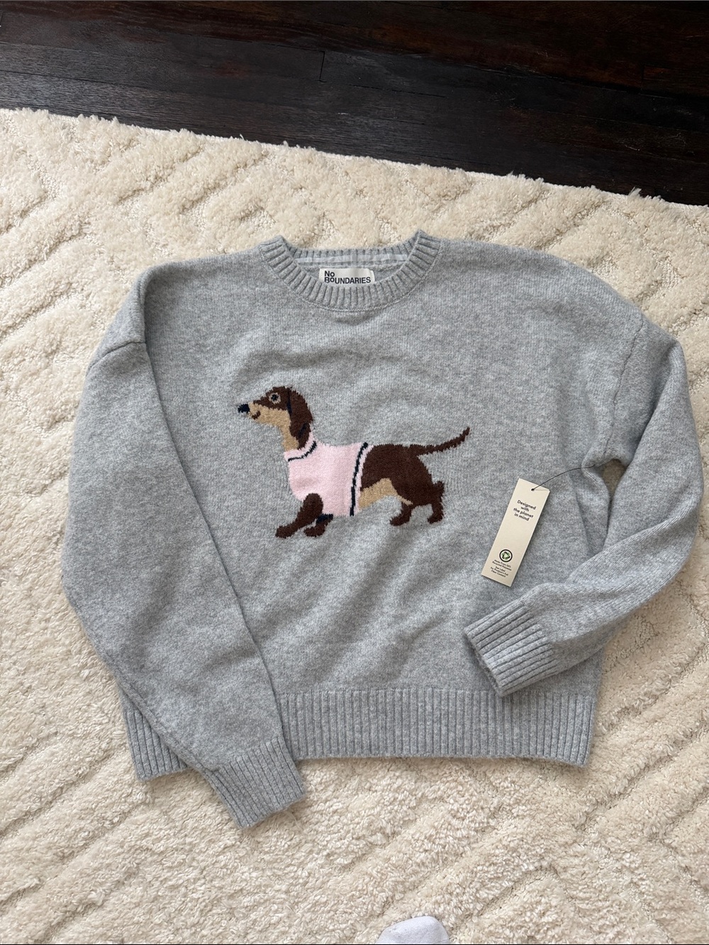 No Boundaries Gray Crewneck Sweater with Dachshund and Pink Accent